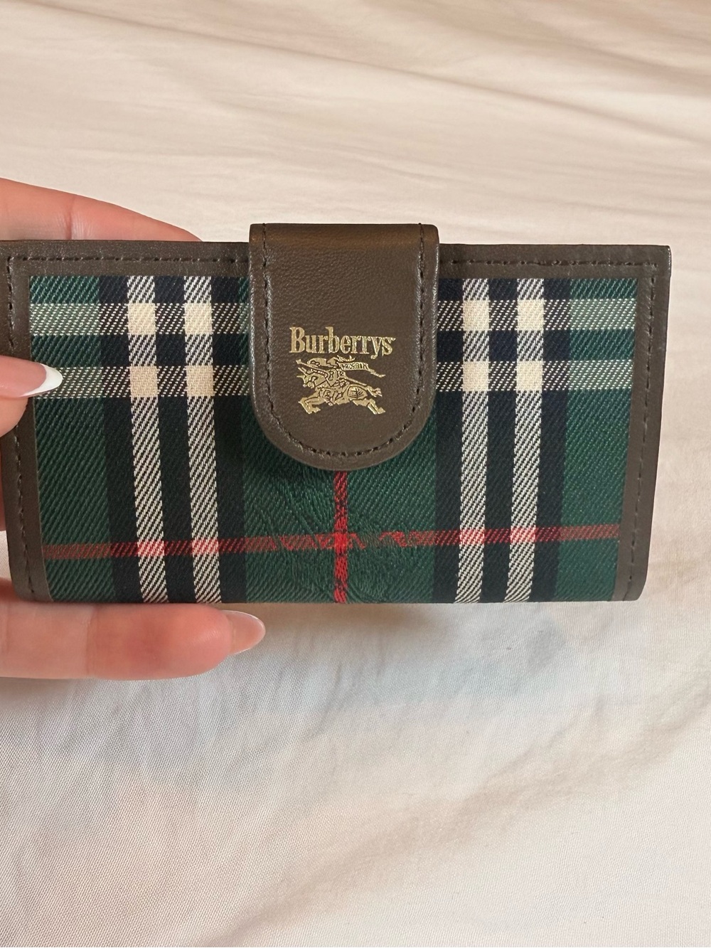 Authentic Vintage Burberry Green Nova Check Key Wallet with Brown Leather Trim